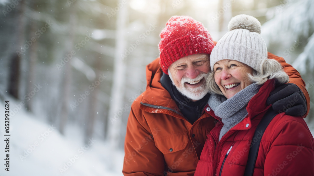 Fototapeta premium Senior couple laughing and enjoying life outdoors in winter. Beautiful woman and handsome man dressed in warm winter clothes. Blurry forest background.