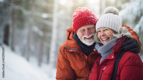 Senior couple laughing and enjoying life outdoors in winter. Beautiful woman and handsome man dressed in warm winter clothes. Blurry forest background.