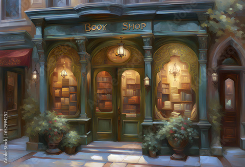 Wallpaper Mural painting of an old fashioned book shop with books on shelves visible in the windows Torontodigital.ca