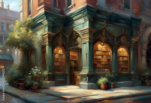 Wallpaper Mural painting of an old fashioned book shop with books on shelves visible in the windows Torontodigital.ca