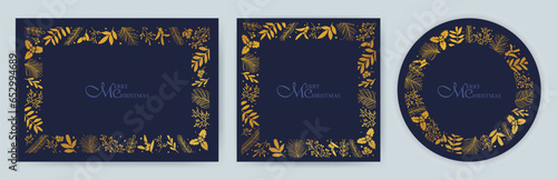 A set of holiday frames for cards in blue and gold. Christmas, holiday templates with ornate Christmas ornament, floral background. Suitable for postcards, invitations, backgrounds, menus, box.