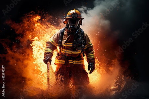 Fireman using water and extinguisher to fighting with fire flame wearing suit for safet | Generative AI photo