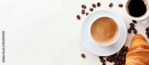 French breakfast with coffee croissant and design element on white background