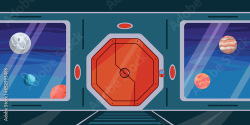 Vector illustration of a beautiful view from a spaceship. Cartoon interior scene inside a spaceship with a metal door, large windows and a view of different planets in outer space.