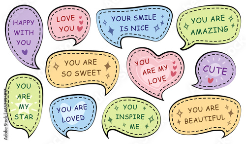 Set of color speech bubbles with motivational compliment phrases isolated on white background. Cute stickers collection with self love quotes. Vector illustration