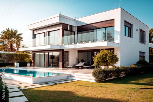Luxury modern vacation home with a swimming pool. Sunbeds, relaxing vacation Mediterranean  © Jezper