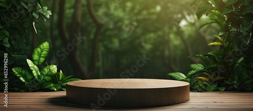 a product presentation in a tropical forest with a wooden pedestal and a green wall