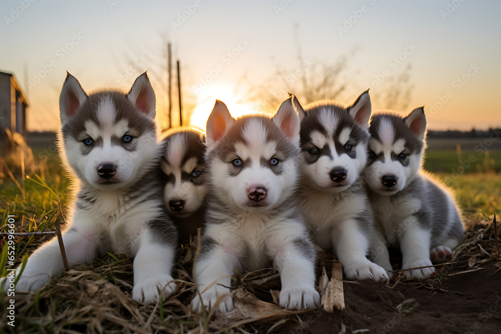 siberian husky puppies in the countryside, the puppies must be seen in full, head and feet, puppies from head to toe