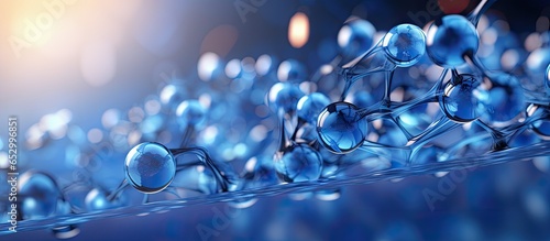 Blue molecular model on blurred background representing science chemistry medicine and microscopic research