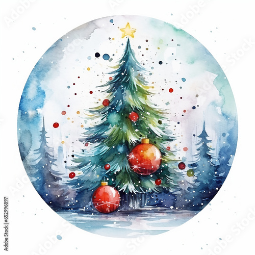 Christmas greeting card with watercolor christmas tree and red decorative balls. photo