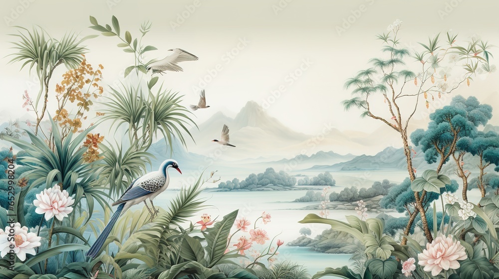 Tropical Exotic Landscape Wallpaper. Hand Drawn Design. Luxury Wall Mural - obrazy, fototapety, plakaty 