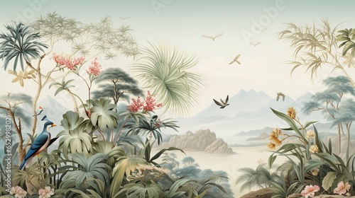 Tropical Exotic Landscape Wallpaper. Hand Drawn Design. Luxury Wall Mural