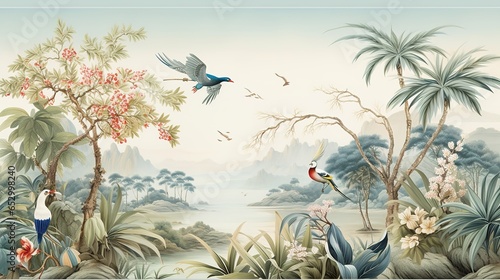 Tropical Exotic Landscape Wallpaper. Hand Drawn Design. Luxury Wall Mural © Fatih