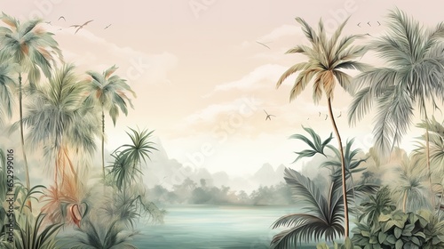 Tropical Exotic Landscape Wallpaper. Hand Drawn Design. Luxury Wall Mural © Fatih