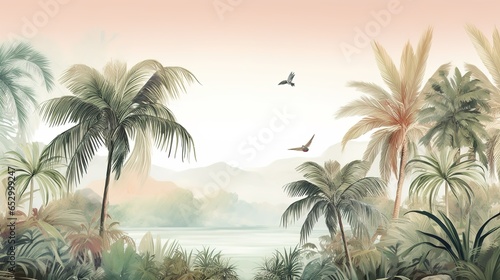 Tropical Exotic Landscape Wallpaper. Hand Drawn Design. Luxury Wall Mural