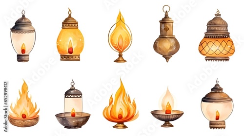 Diwali decorations, diya lamps watercolor style elements, isolated on white.