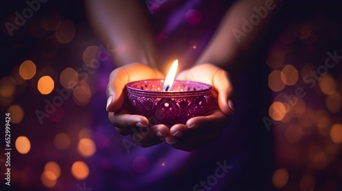 Diwali candles in hands. Background with copy space