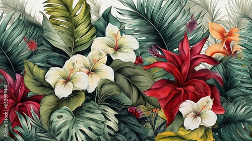 Tropical Exotic Landscape Wallpaper. Hand Drawn Design. Luxury Wall Mural #652999441