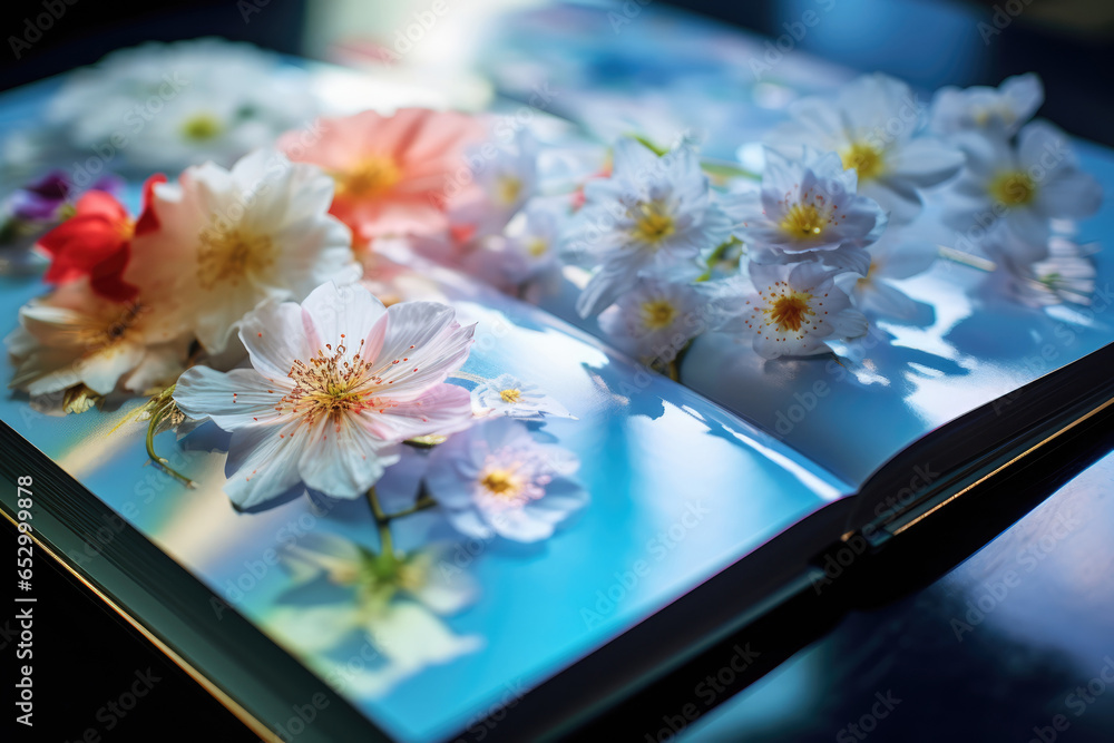 Beautiful colorful flowers closeup growing out of 3D open pages spread of a book Beautiful colorful flowers closeup growing out of 3D open pages spread of a book