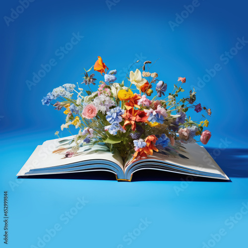 Beautiful colorful variety of different flowers growing out of 3D open pages spread of a book on blue background with copy space