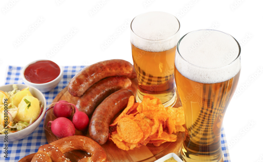 Glasses of cold beer and different snacks on white background. Oktoberfest celebration
