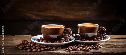 Symbolic coffee image with two cups of espresso on rustic wooden background and coffee beans Close up shot
