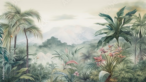 Wallpaper Mural Tropical Exotic Landscape Wallpaper. Hand Drawn Design. Luxury Wall Mural Torontodigital.ca