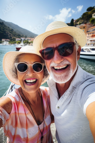 Smiling happy caucasian mature spouses hugging embracing and taking selfies. retirees travel. Bonding and relationship