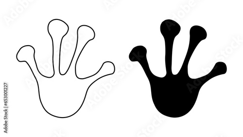 Frog or toad paw footprint. Silhouette, contour. Icon. Black vector isolated on white. Paw print of amphibian, frog, toad, lizard, salamander, newt. Icon and symbol. Print, textile, postcard, booklet.