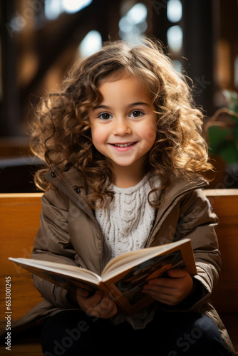A schoolgirl is reading a book. cute curly girl Learning from books. School education. Benefits of everyday reading