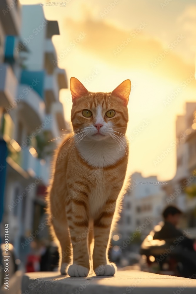 A cute and curious cat is running through the streets. Generative AI