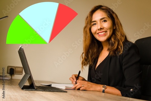 Business office woman. High quality photo, percentage table, selection interview. Attentive secretary 