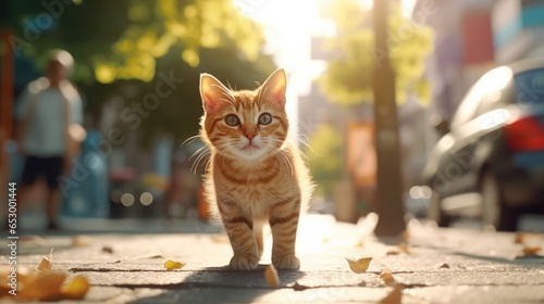 A cute and curious cat is running through the streets. Generative AI
