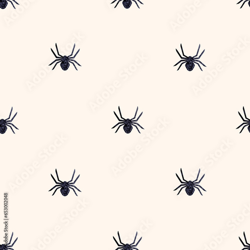 Halloween grunge seamless pattern with black watercolor silhouettes of spiders on white background. Watercolour hand drawn texture. Print for fabric, wallpaper, wrapping paper.