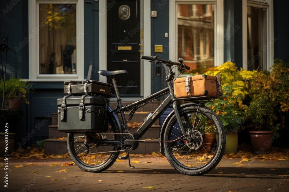Black two-wheeled cargo bike with bags on the street