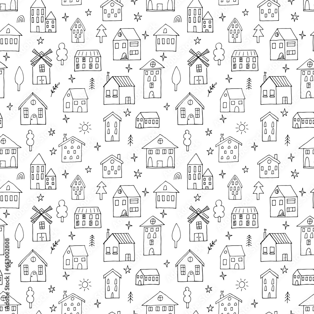 Seamless pattern with hand drawn houses. Doodle style. Buildings. Texture for fabric, wrapping, wallpaper, textile Seamless pattern with hand drawn houses. Doodle style. Buildings. Texture for fabric, wrapping, wallpaper, textile