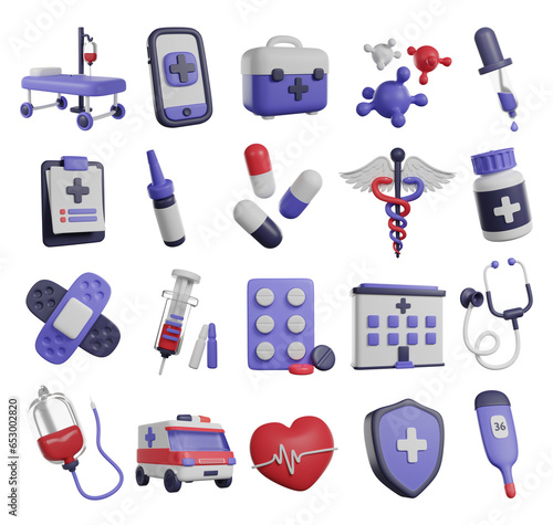 Medical set icons. 3D render icons