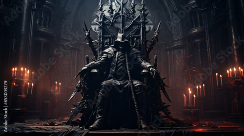 mythical warrior sits on medieval throne