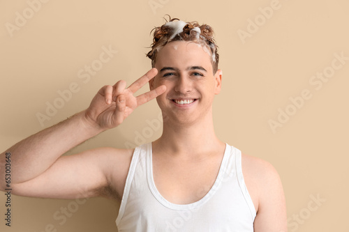 Young man with applied sham...