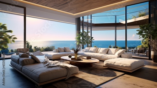 Luxury villa with terrace and floor to ceiling panoramic window with amazing sea view