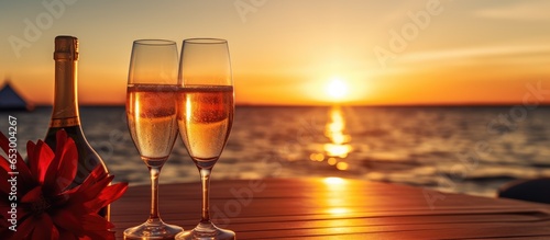 Champagne filled luxury yacht evening with empty glasses bottle and tropical sunset over sea background no one present © TheWaterMeloonProjec
