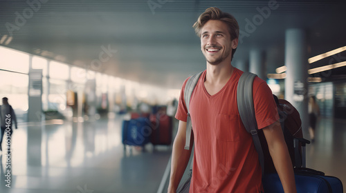 A young fashionable happy man in the airport lounge carrying a luggage bag, embarking on a flight for a vacation. 