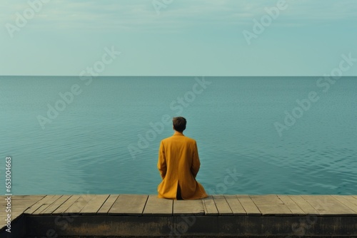sea landscape with a wooden walkway with a person sitting in a yellow coat looking at the sea