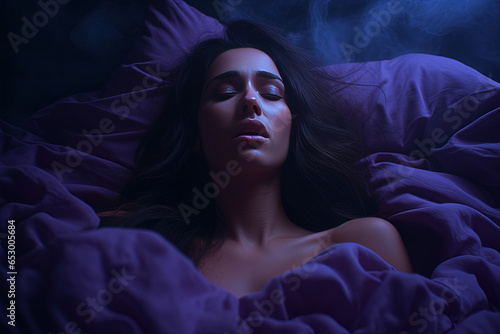 Woman lying in bed at night. Female face during an orgasm or Nightmare, insomnia concept. Generative AI.
