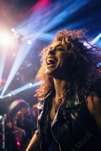 Woman singer out at a concert at night  surrounded by colorful lights and a sea of enthusiastic fans. Generative AI