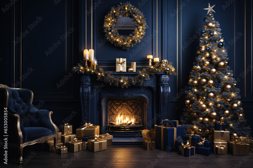 Luxury interior of living room with decorated Christmas tree and fireplace in dark blue colors.
