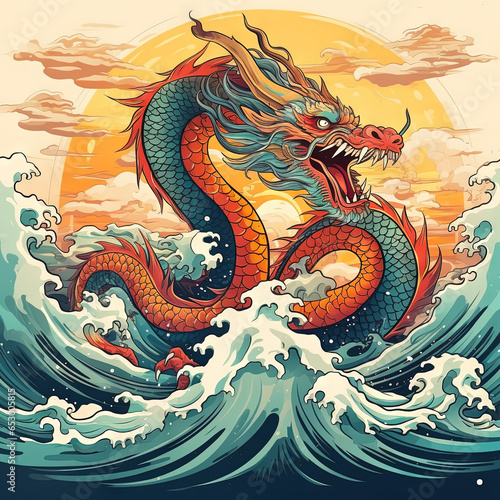 Japanese style dragon. Chinese New Year 2024 - Year of dragon. Generative AI