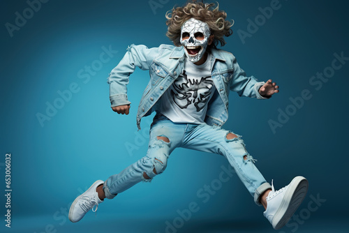 Happy kid in scary Halloween mask having fun on studio background