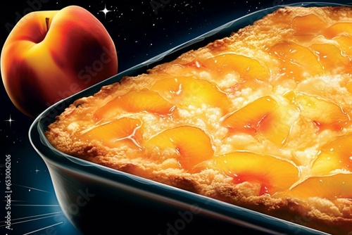 A close-up of peach cobbler on a shiny surface with a black background, illustration. Generative AI photo