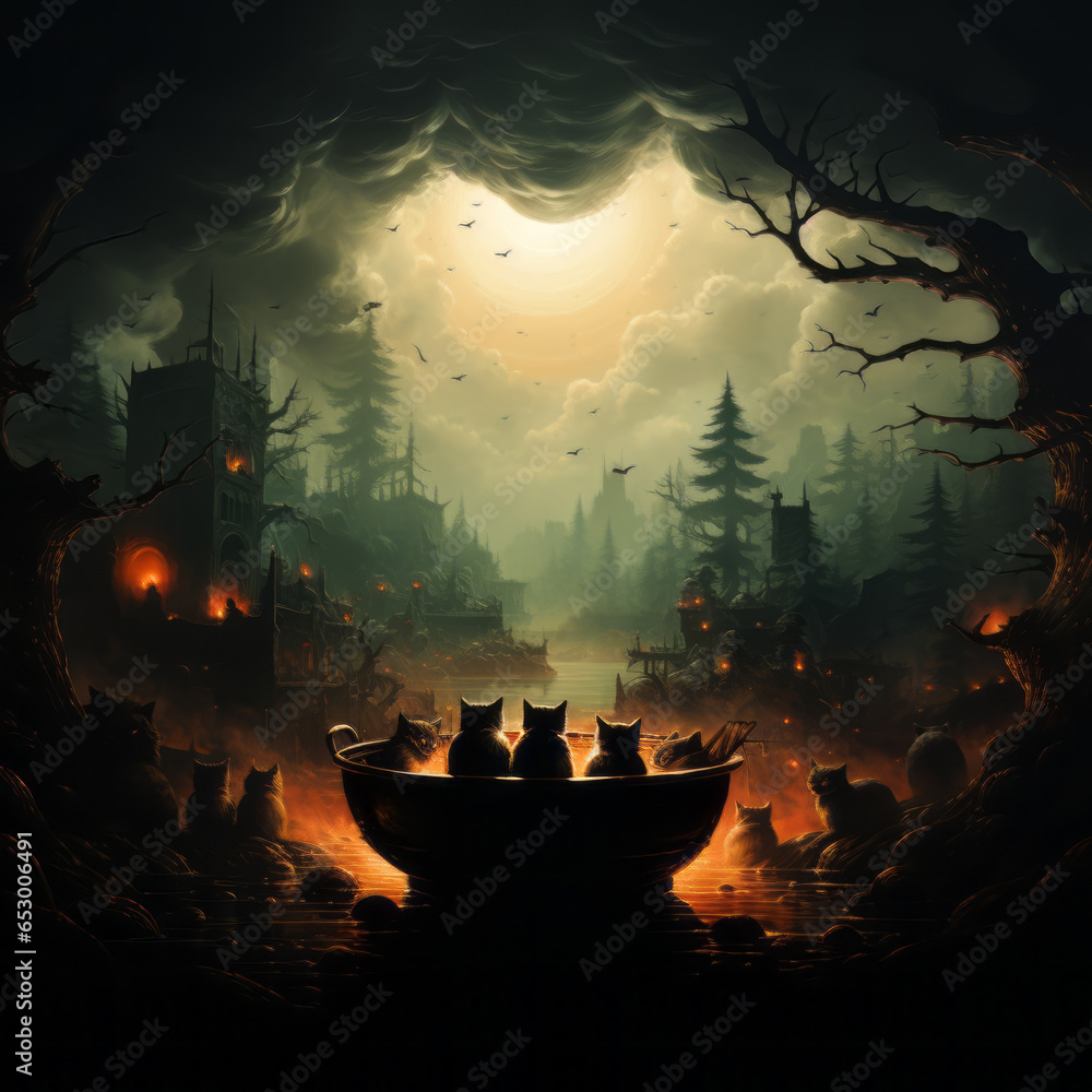 In the style of a witches' coven, amidst a misty forest, black cats